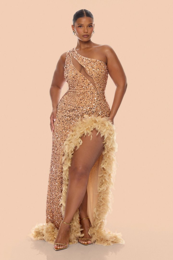 Esme Sequin Feather Maxi Dress - Nude