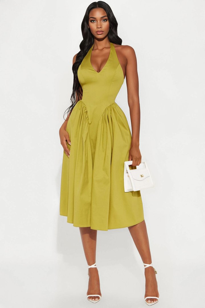 Mara Corset Halter Midi Dress - Chartreuse