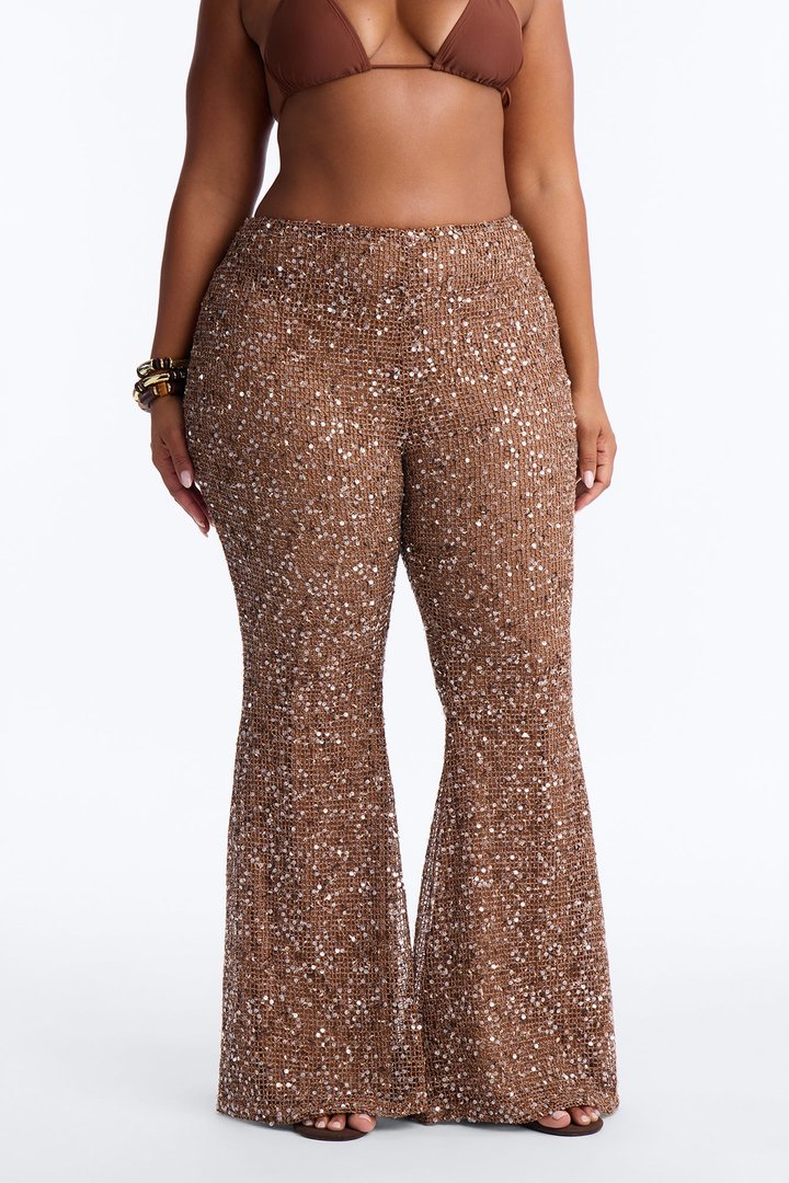 Lyra Low Rise Crochet Sequin Flare Pant - Bronze