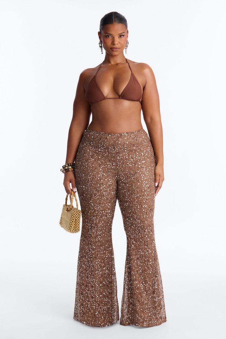 Lyra Low Rise Crochet Sequin Flare Pant - Bronze