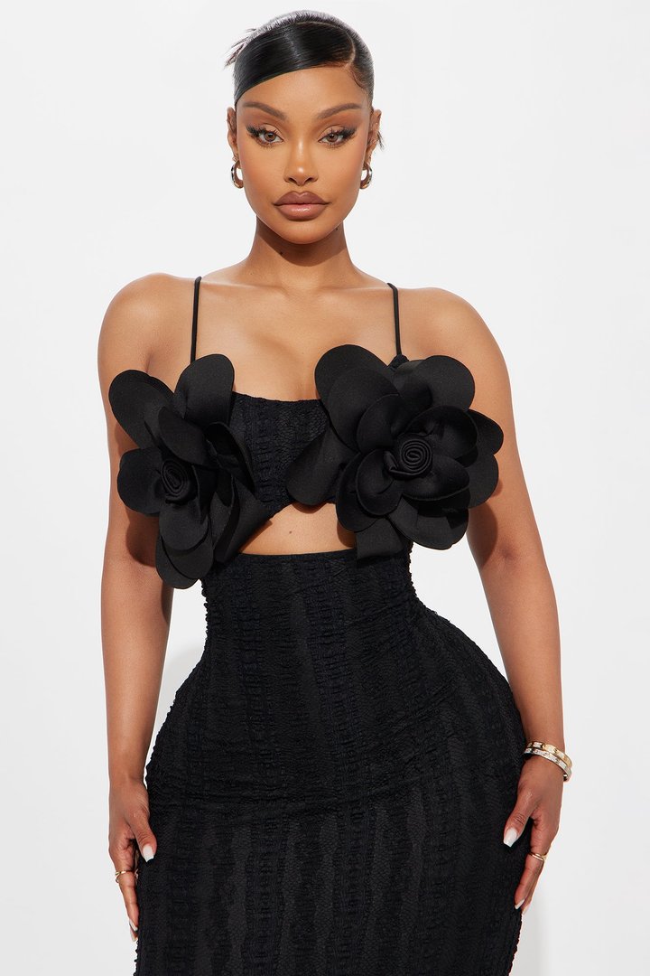 Elena Floral Applique Maxi Dress - Black