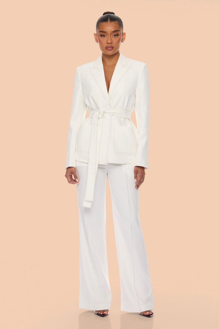 Lilian Contrast Stitch Pant Set - White