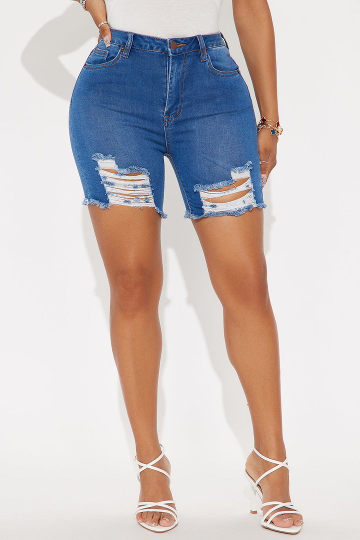 It's All Good Ripped Denim Bermuda Shorts - Medium Wash