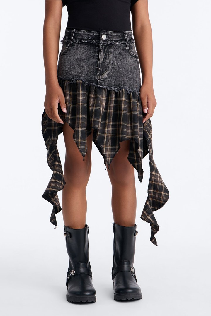 Mini Bad In Plaid Denim Skirt - Black Wash