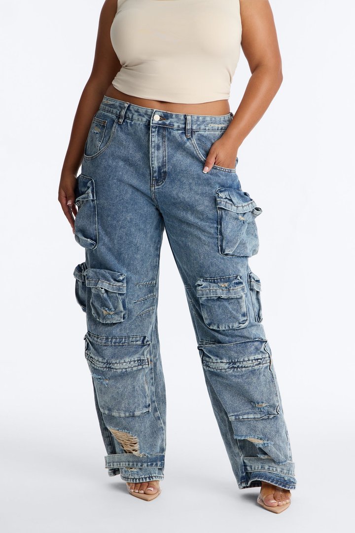 Nikki Non Stretch Acid Wash Cargo Jeans - Medium Wash