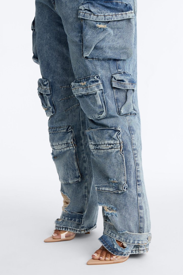 Nikki Non Stretch Acid Wash Cargo Jeans - Medium Wash