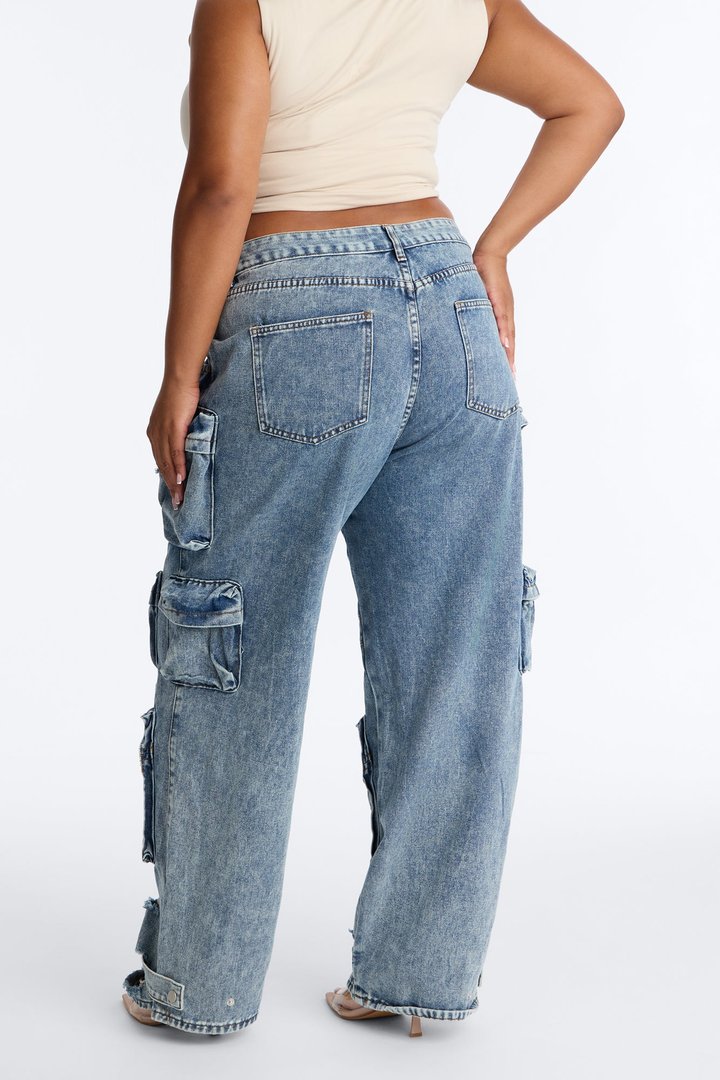 Nikki Non Stretch Acid Wash Cargo Jeans - Medium Wash