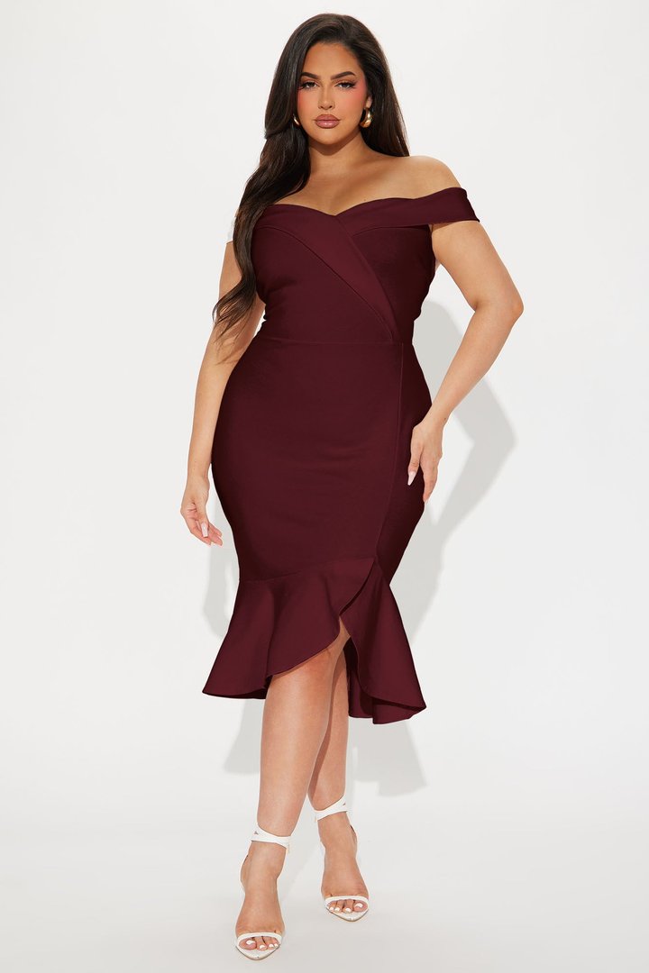Eloise Off Shoulder Body Sculpting Midi Dress - Wine