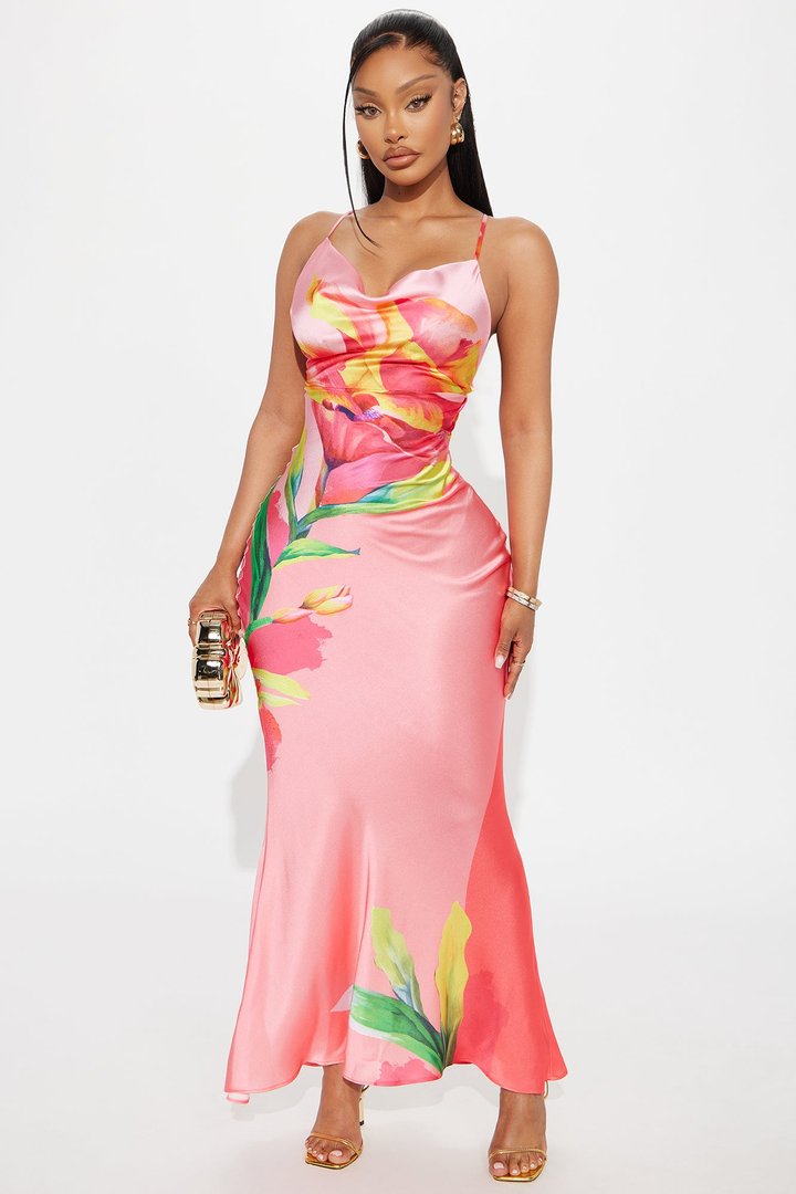 Amora Floral Satin Maxi Dress - Coral/combo