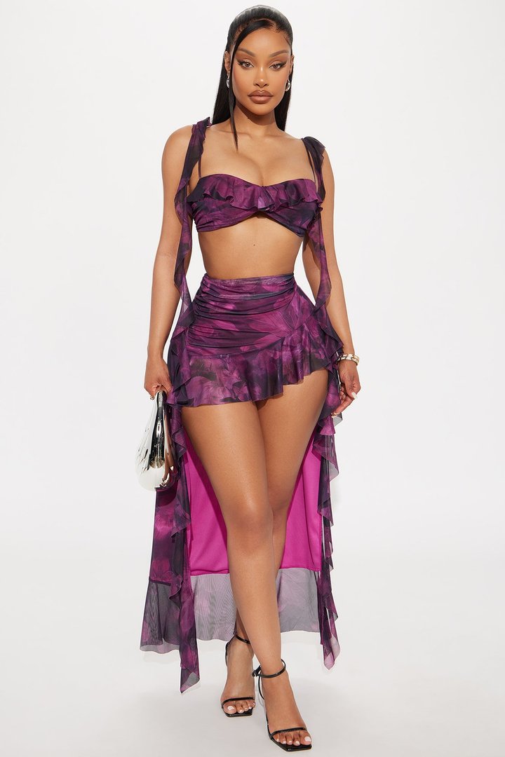 So Sexy Ruffle Mesh Mini Skirt Set - Purple