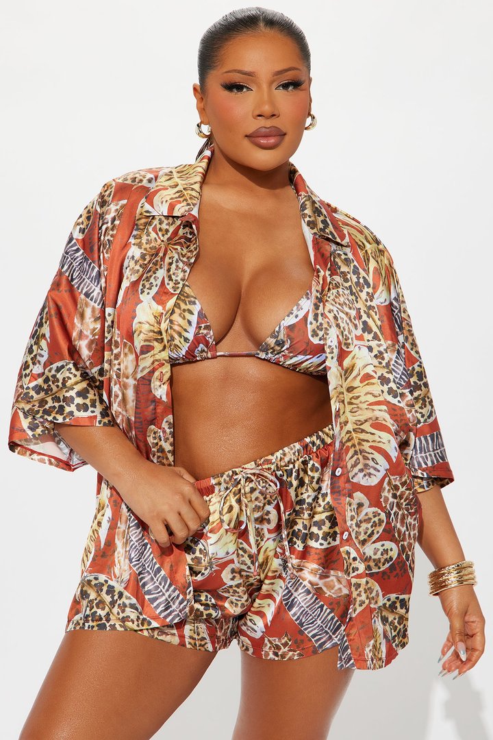 Annalise Tropical 4 Piece Bikini & Shorts Set - Rust/combo