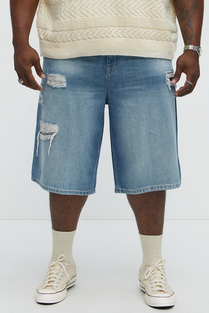 Say It Distressed Baggy Denim Shorts - Medium Blue Wash