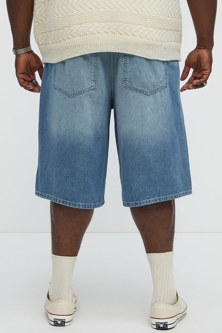 Say It Distressed Baggy Denim Shorts - Medium Blue Wash