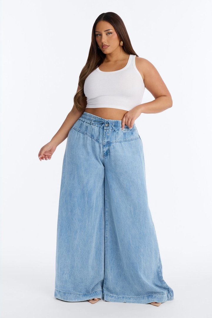 Shaylene Tie Waist wide Leg Jeans - Light Wash