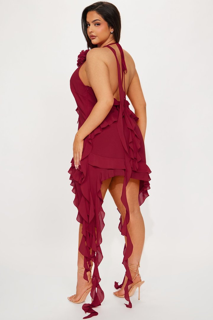 Ruffles and Roses Mini Dress - Wine