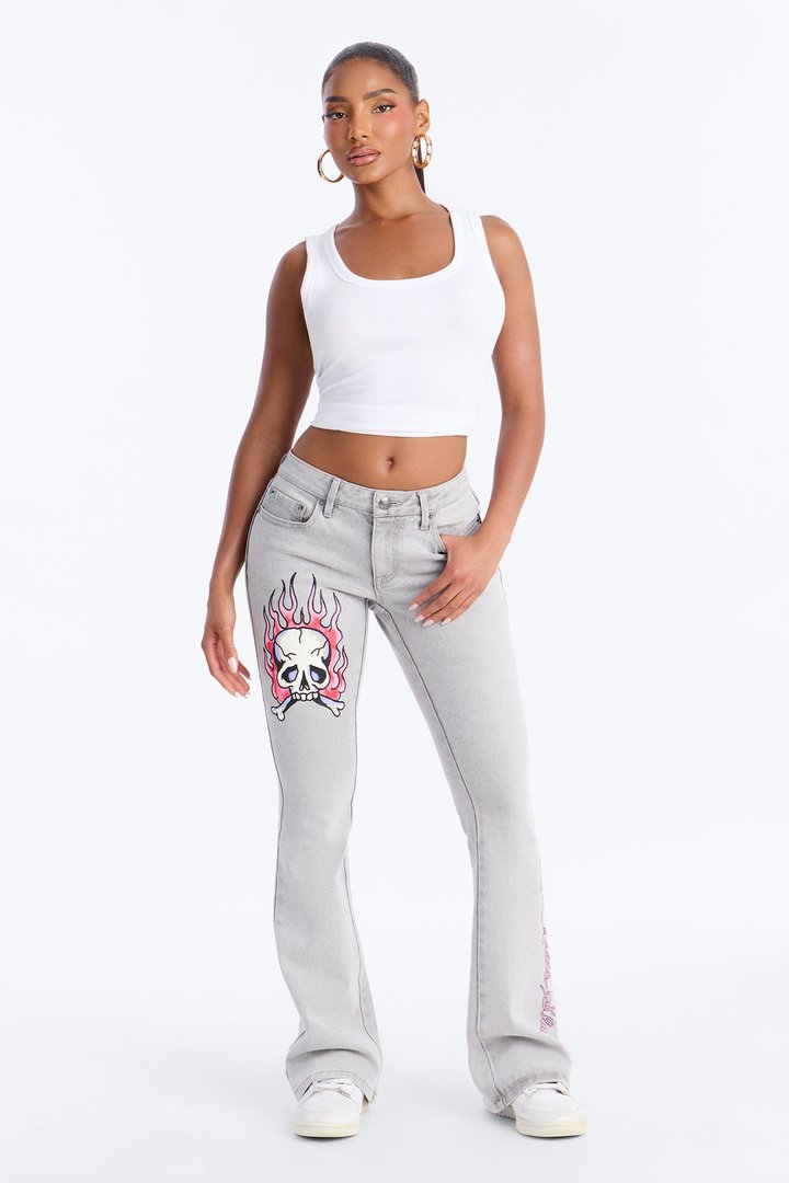 Ed Hardy Flame Skull Bootcut Jeans - Grey