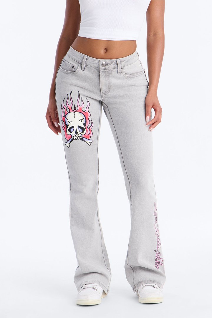 Ed Hardy Flame Skull Bootcut Jeans - Grey