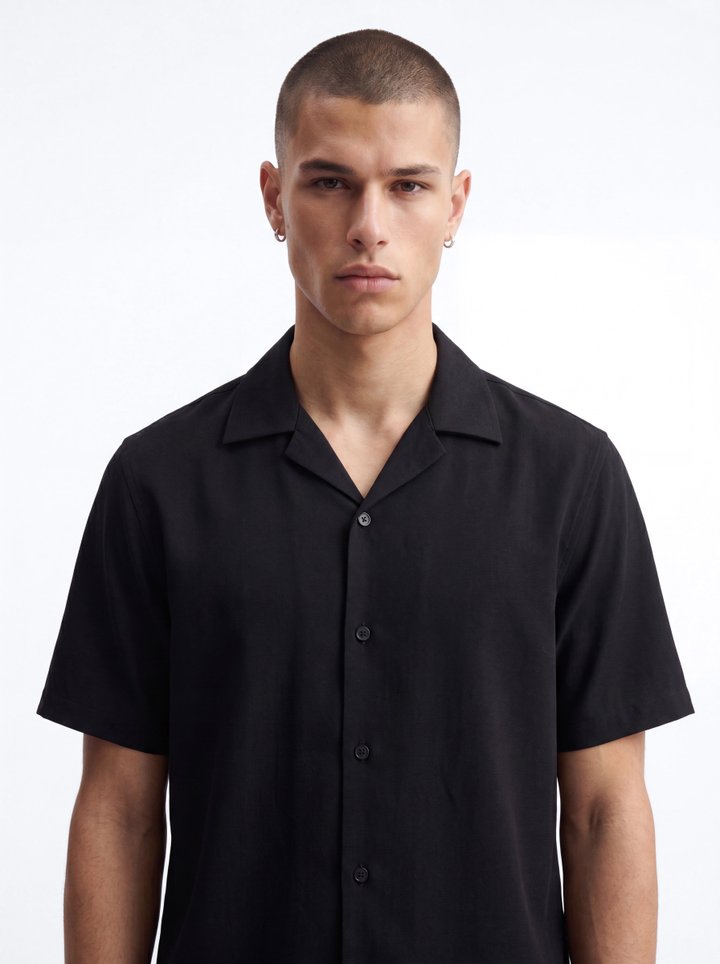 Modern Essential Sleeve Cuban Collar Button Down - Black
