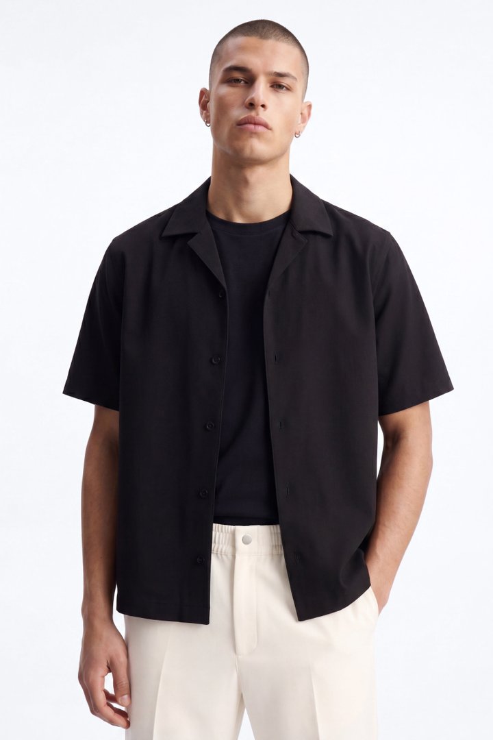 Modern Essential Sleeve Cuban Collar Button Down - Black