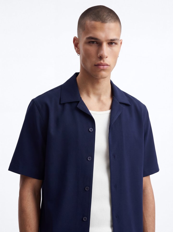 Modern Essential Sleeve Cuban Collar Button Down - Navy