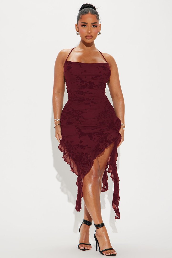 Blossom Bliss Mesh Midi Dress - Burgundy