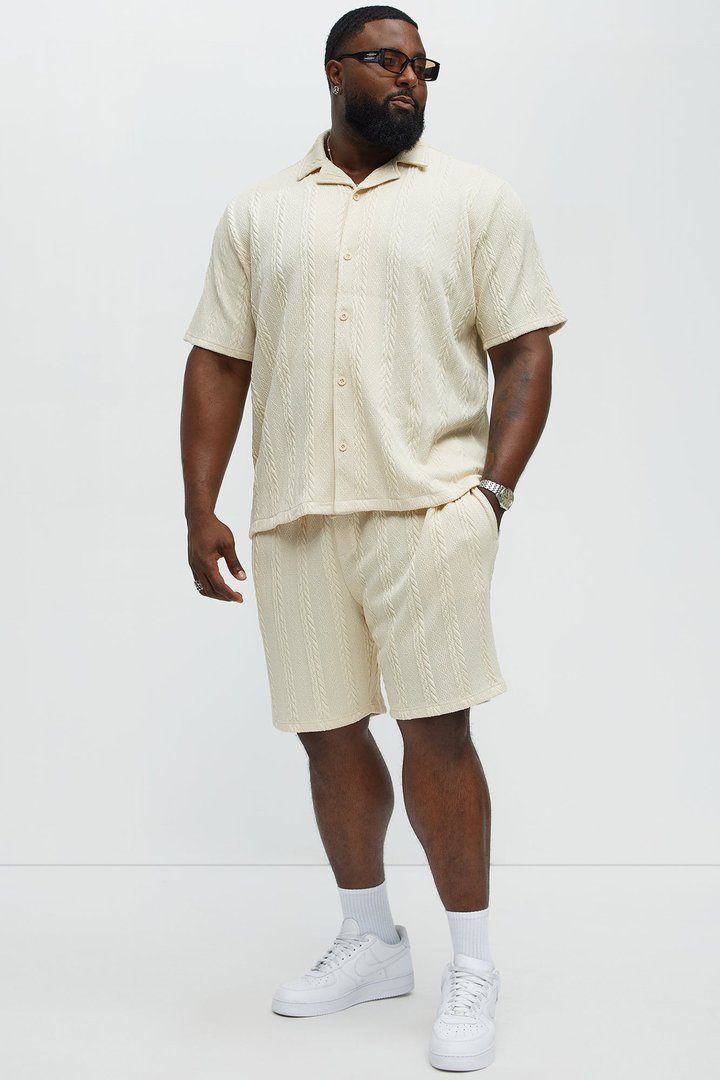 Textured Stripes Relaxed Drawstring Shorts - Cream