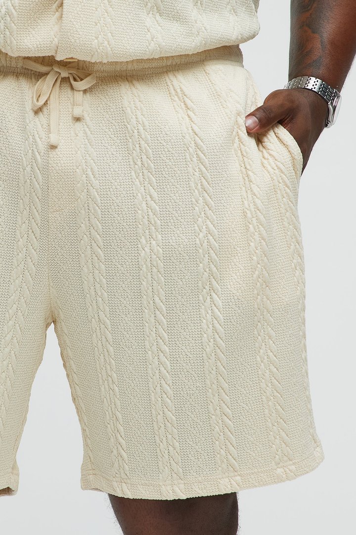 Textured Stripes Relaxed Drawstring Shorts - Cream