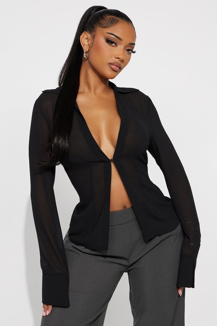 See Through Me Buckle Chiffon Blouse - Black
