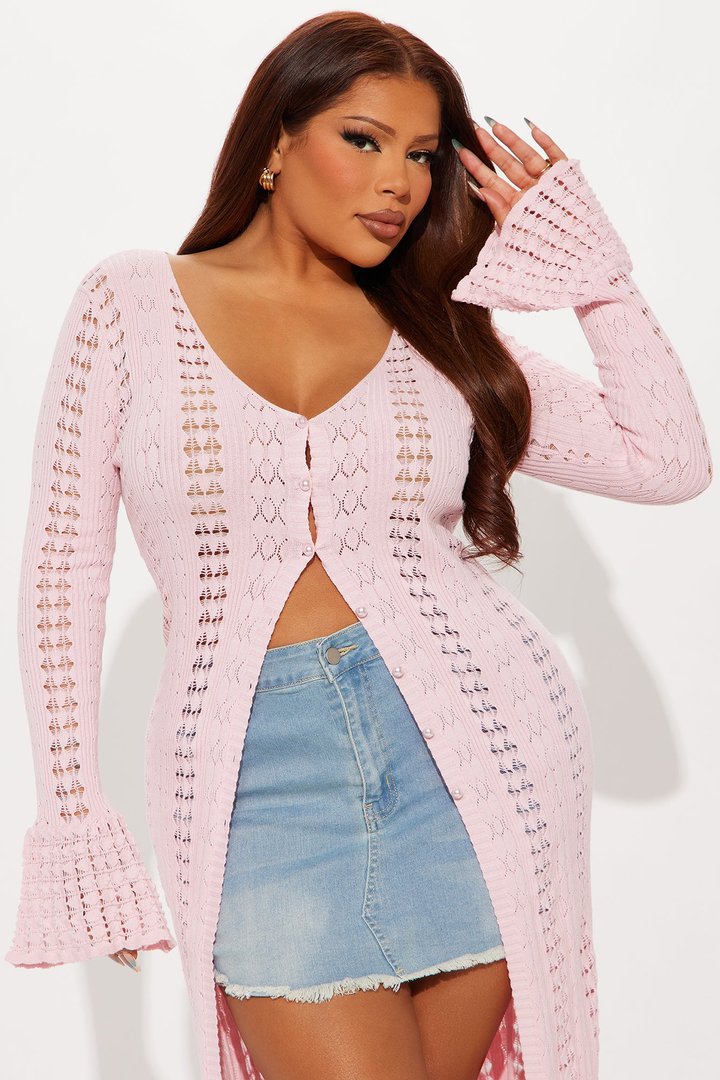 Geena Long Pointelle Cardigan Sweater - Pink