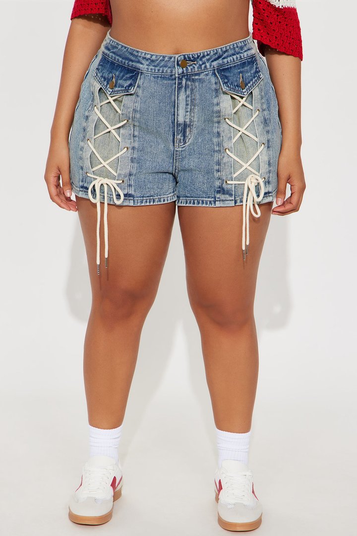 Reaching New Levels Lace Up Denim Shorts - Vintage Wash