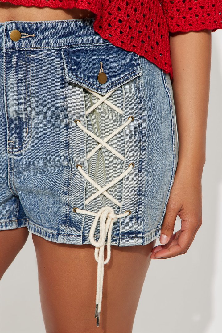 Reaching New Levels Lace Up Denim Shorts - Vintage Wash