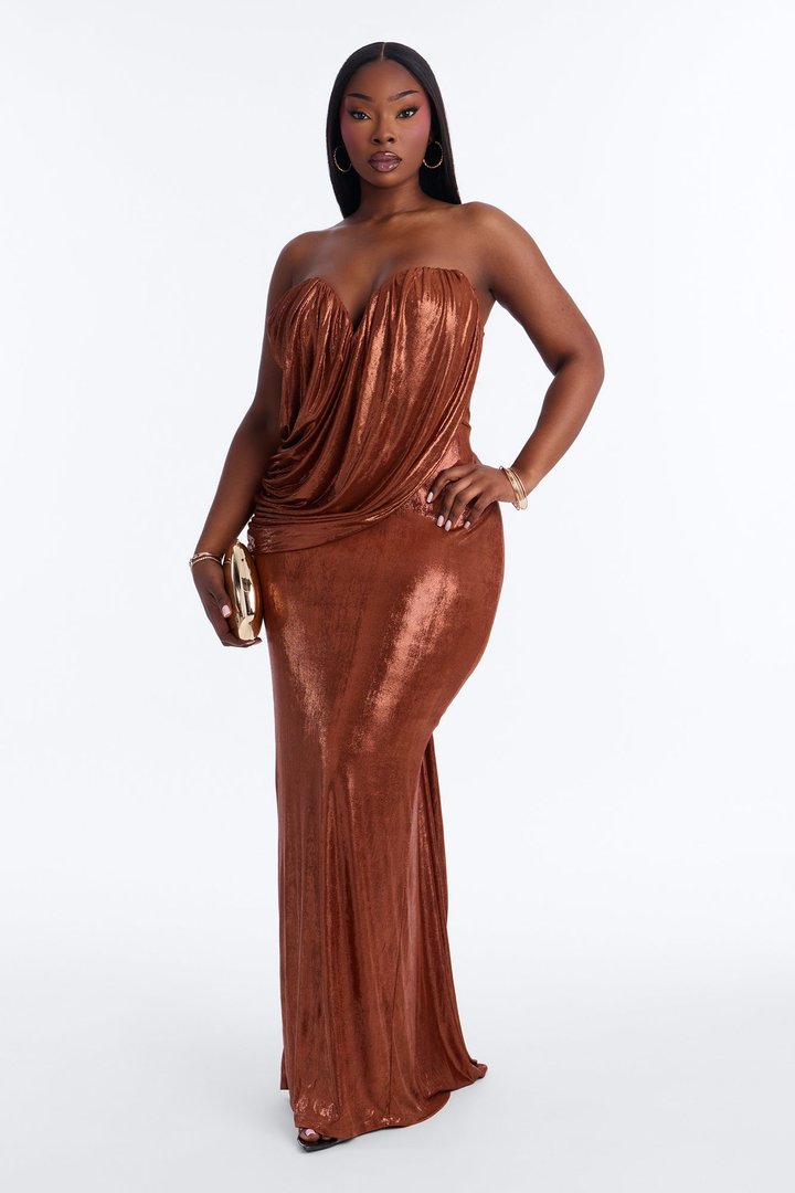 Margaret Metallic Draped Gown - Brown