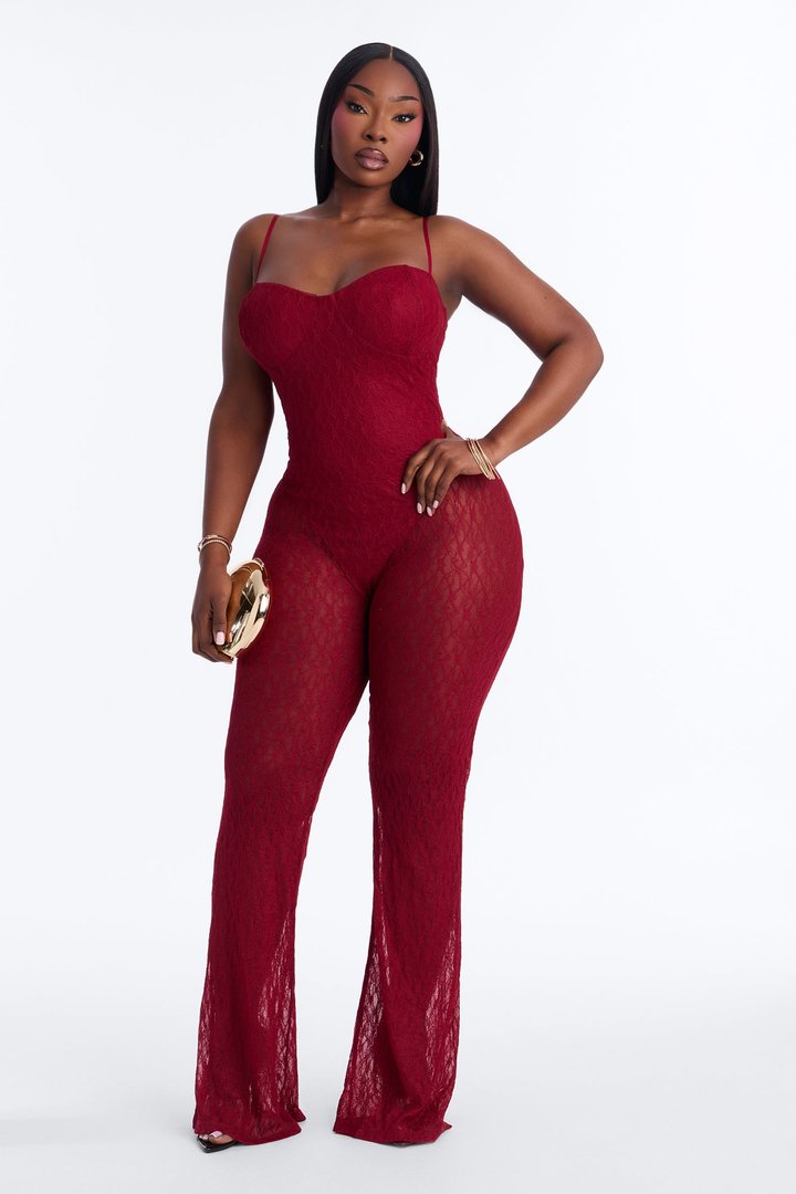 Give Me A Sign Lace Jumpsuit - Wine