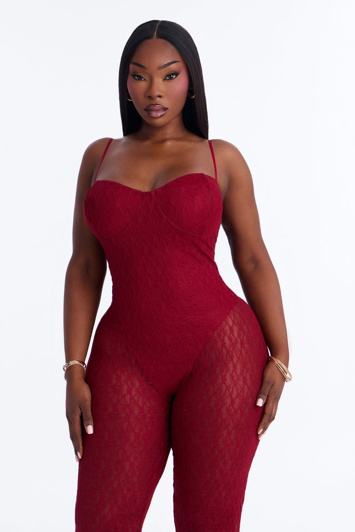 Give Me A Sign Lace Jumpsuit - Wine