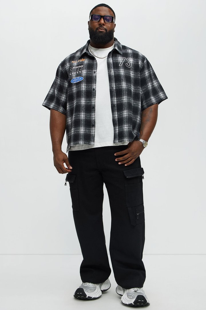 All Star Plaid Button Down Cropped Short Sleeve Shirt - Black/combo