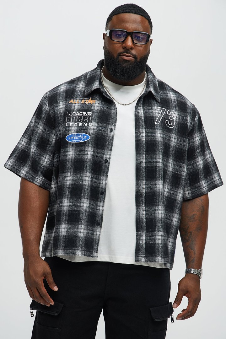 All Star Plaid Button Down Cropped Short Sleeve Shirt - Black/combo