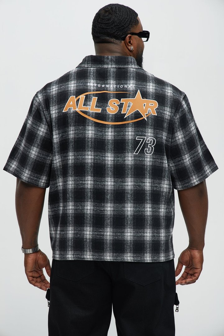 All Star Plaid Button Down Cropped Short Sleeve Shirt - Black/combo