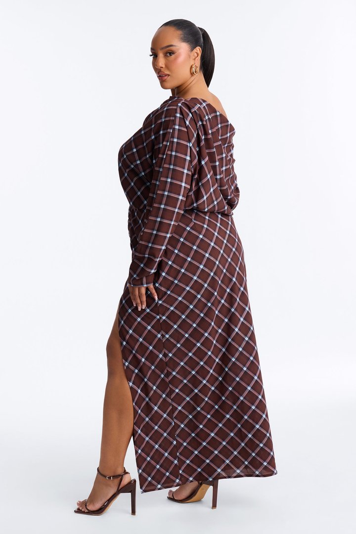 Madeline Plaid Chiffon Maxi Dress - Brown/combo