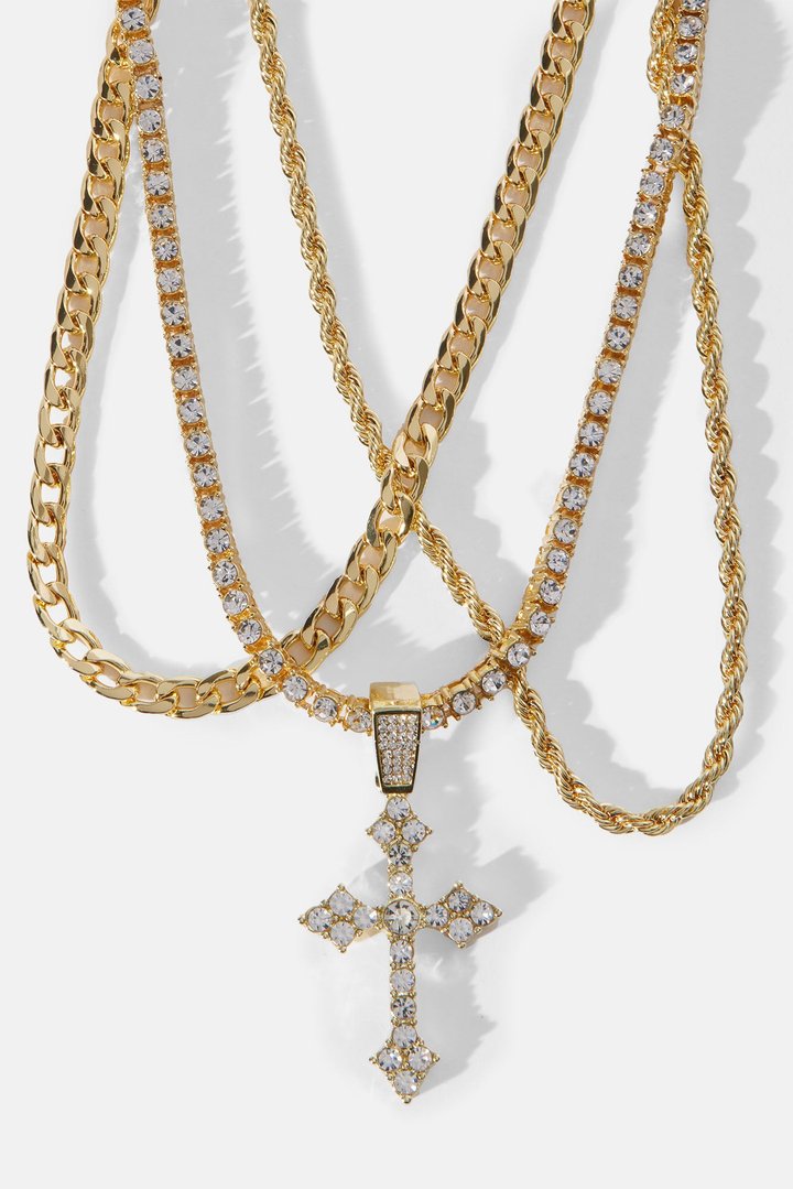 Cross On Me 3 Piece Chain Necklace - Gold