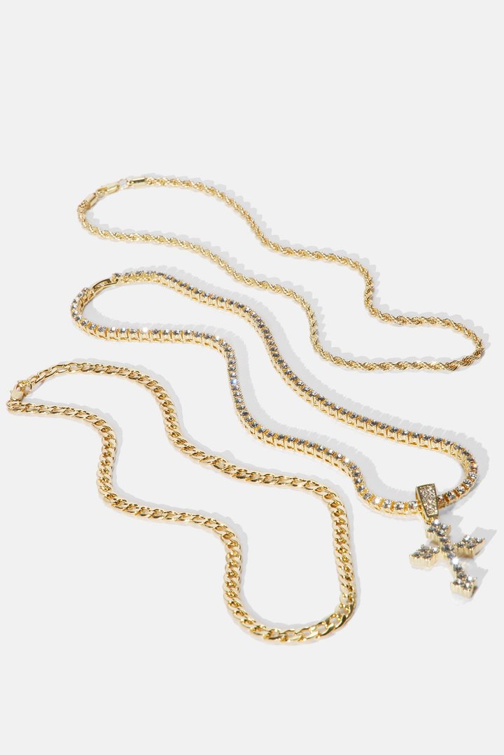 Cross On Me 3 Piece Chain Necklace - Gold