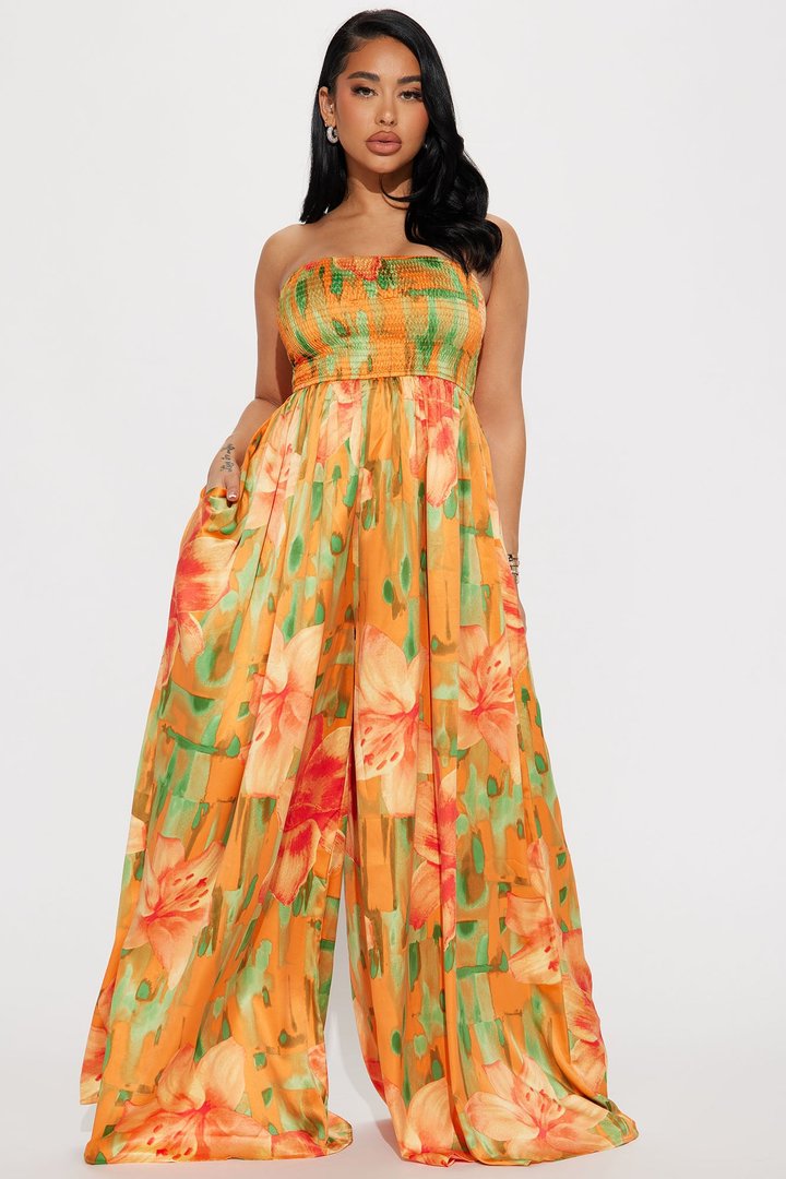 In The Flower Fields Satin Jumpsuit - Orange/combo