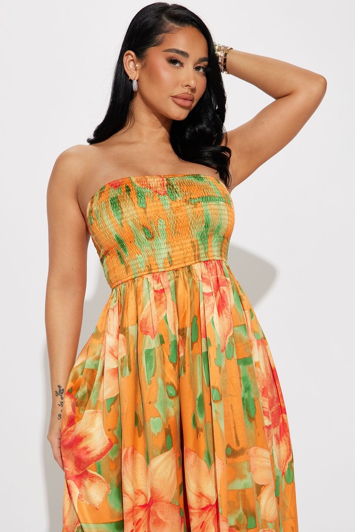 In The Flower Fields Satin Jumpsuit - Orange/combo