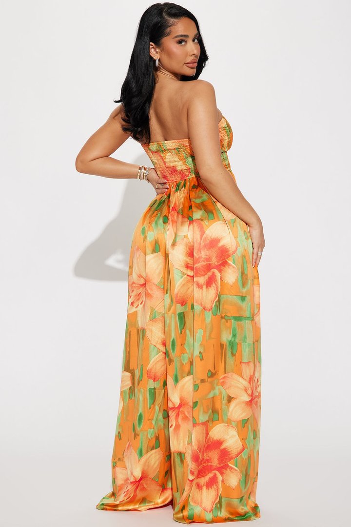 In The Flower Fields Satin Jumpsuit - Orange/combo