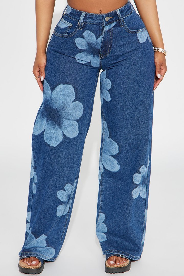 Born To Bloom Baggy Denim Jeans - Dark Wash