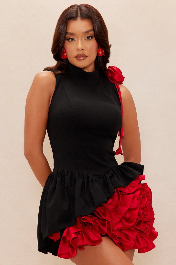 Laynee Ruffle Mini Dress - Black/Red