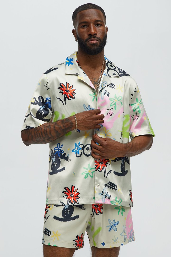 Graffiti Bloom Cuban Collar Button Up Shirt - Multi Color
