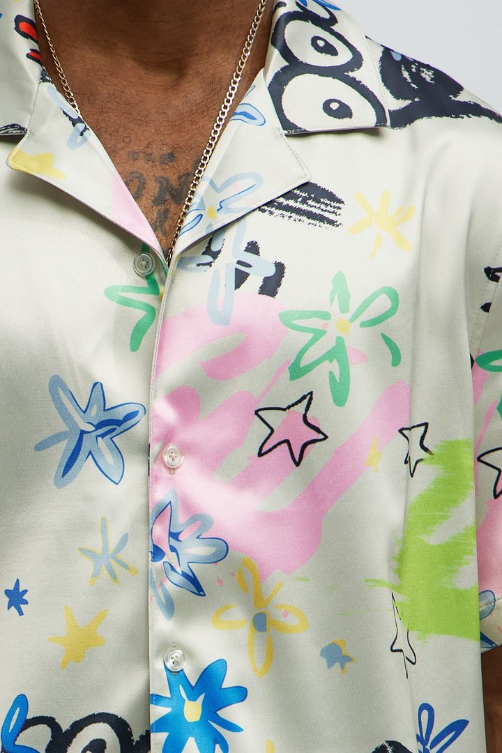 Graffiti Bloom Cuban Collar Button Up Shirt - Multi Color