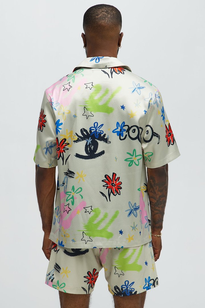 Graffiti Bloom Cuban Collar Button Up Shirt - Multi Color