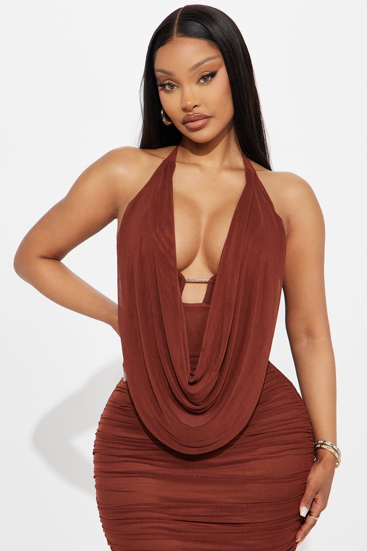 Julia Ruched Mesh Maxi Dress - Brown