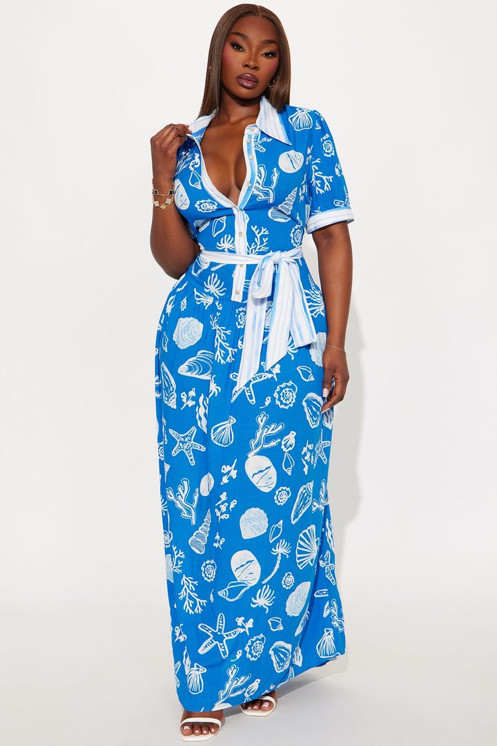 June Printed Maxi Shirt Dress - Royal/combo